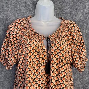 Joie Shirt Women M Orange Silk Elephant Print Peasant Boho Whimsical Office